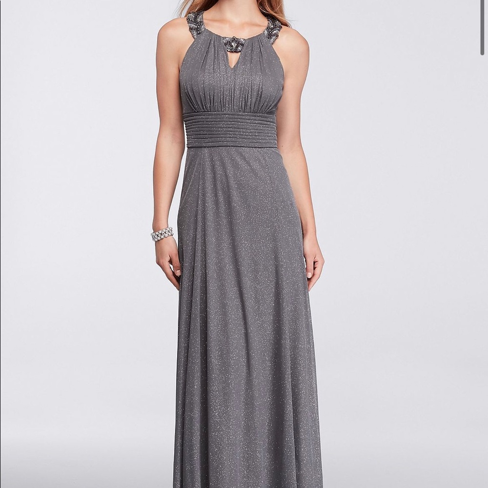 David’s bridal silver grey high neck beaded gown prom dress maxi a line sparkly